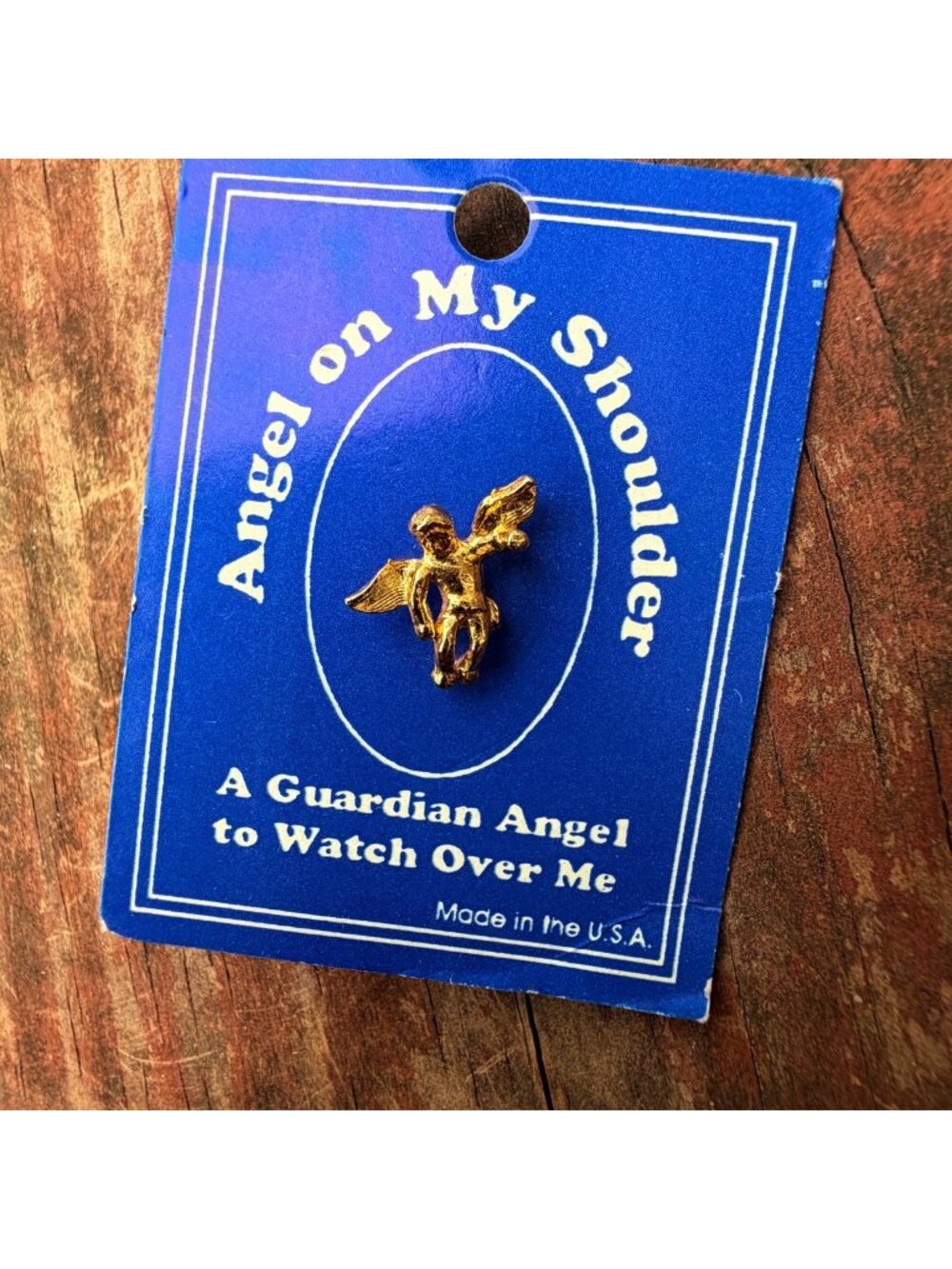 Vintage Angel On My Shoulder Guardian Angel Lapel Pin Gold Tone Made in USA